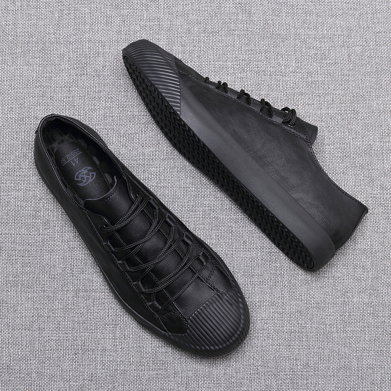 Leather Casual Shoes Korean Breathable Black Lace-up Sneaker Shoes - Image 2
