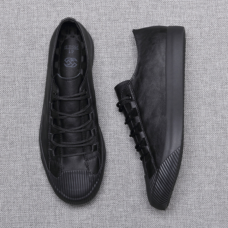 Leather Casual Shoes Korean Breathable Black Lace-up Sneaker Shoes - Image 4