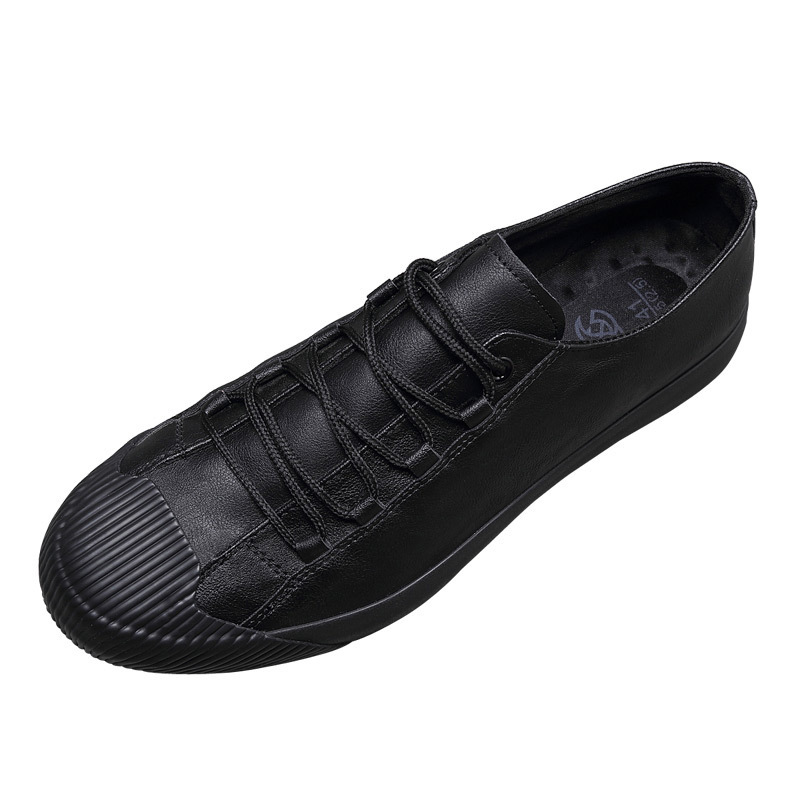 Leather Casual Shoes Korean Breathable Black Lace-up Sneaker Shoes - Image 3